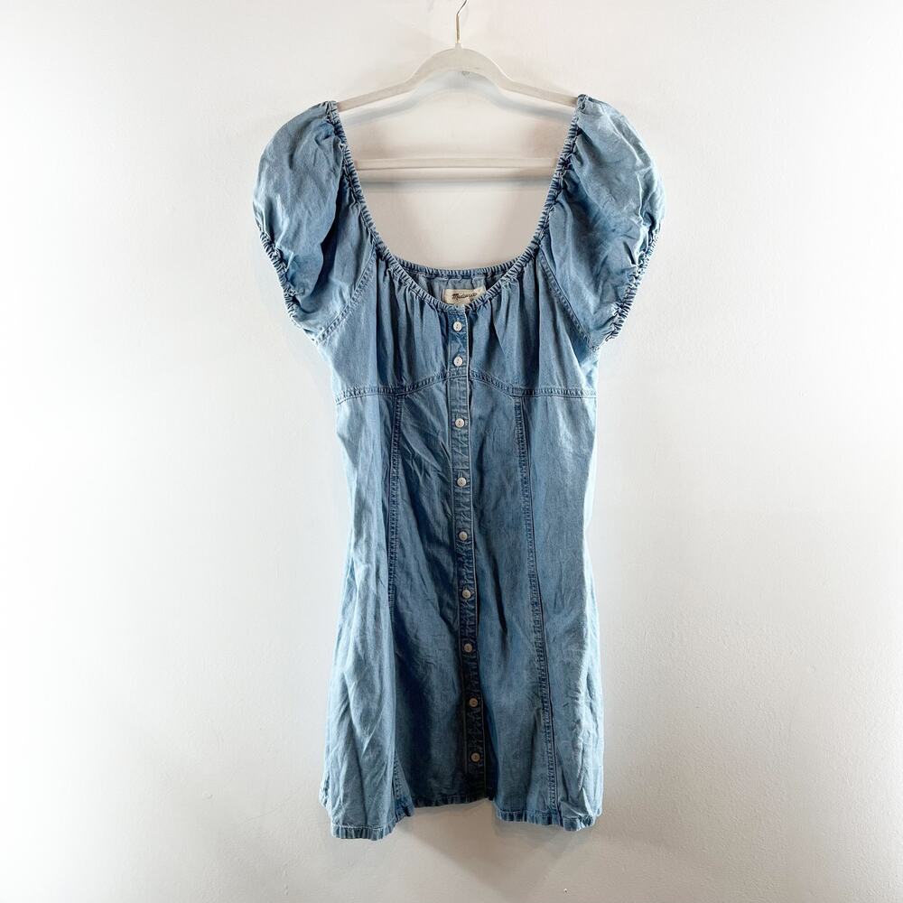 Madewell Denim Short Puff Sleeve Button Up Margie Mini Dress Bevy Wash Blue 12 - Picture 5 of 7
